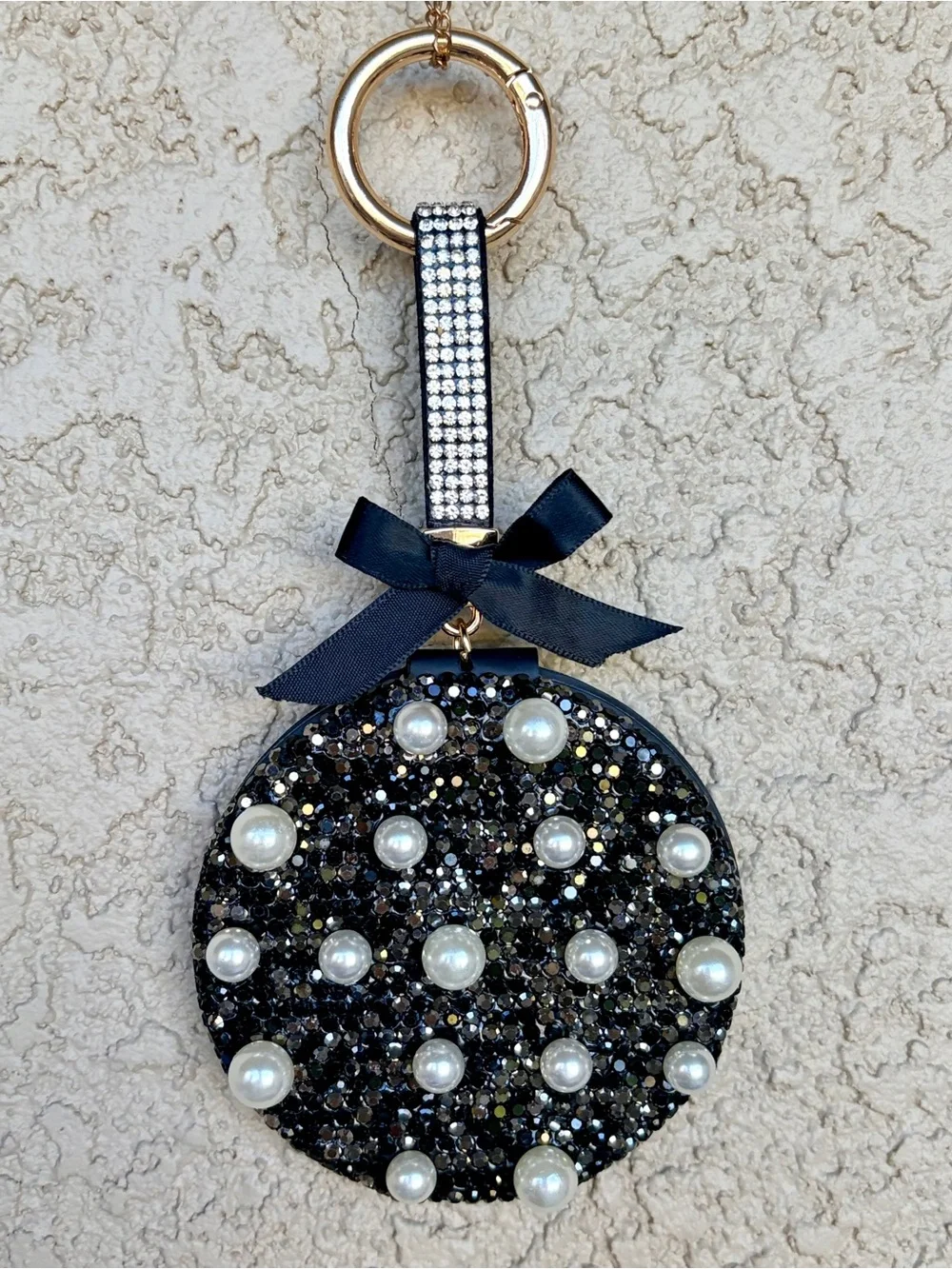 Sparkling Black Rhinestone & Pearl Dual Sided Mirror/Keychain/Bag Charm